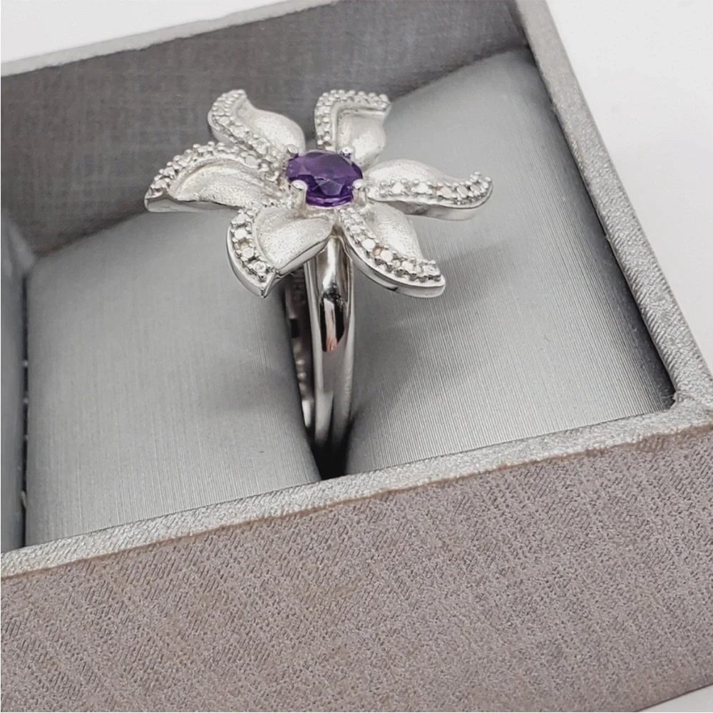 Genuine Round Purple Amethyst & Diamond Accent 925 Silver Flower Statement Ring